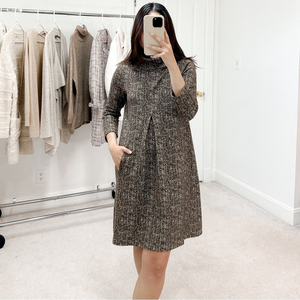 Tyler Boe Kim Cowl Neck Herringbone Print Dress in Brown